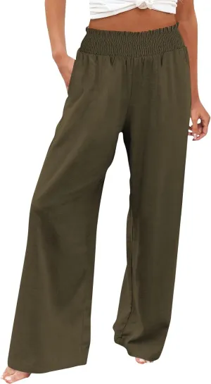 Womens Palazzo Linen Pants Wide Leg Casual Lightweight High Waist Trousers Summer Hawaii Beach Pants Vacation Outfits