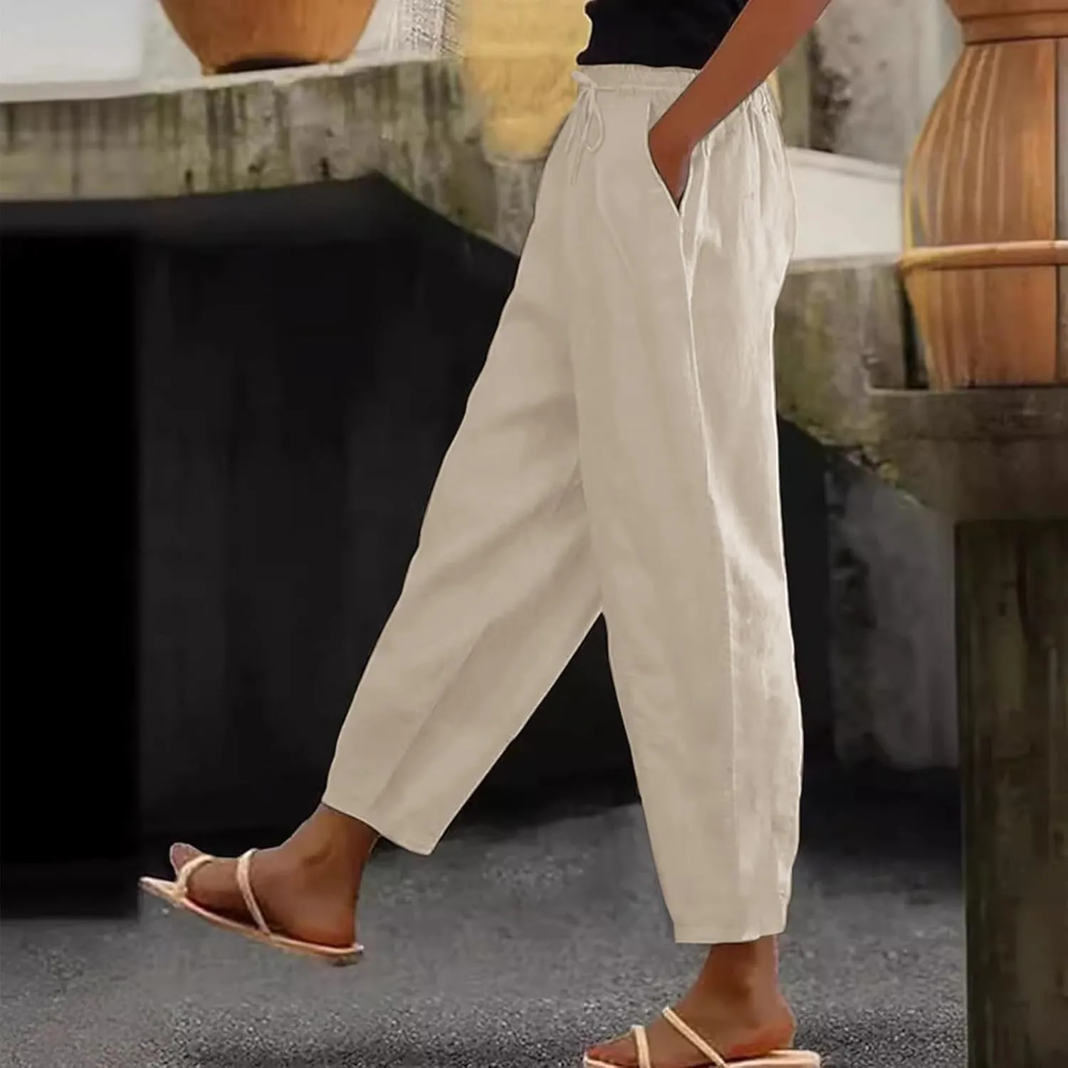 Womens Plus Size Linen Pants Summer High Waisted Wide Leg Pants Lightweight Baggy Boho Beach Lounge Trousers Pockets