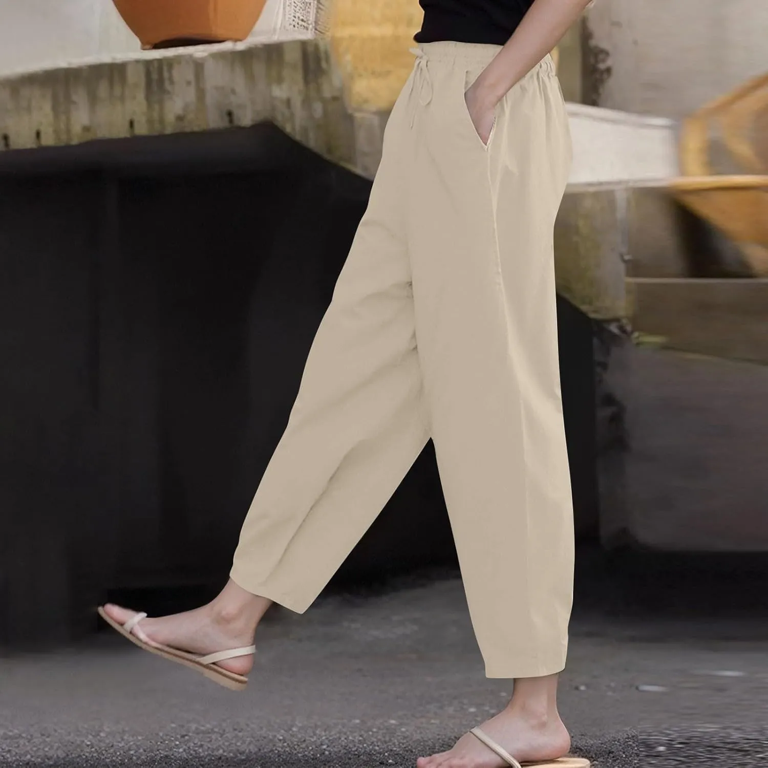 Womens Plus Size Linen Pants Summer High Waisted Wide Leg Pants Lightweight Baggy Boho Beach Lounge Trousers Pockets
