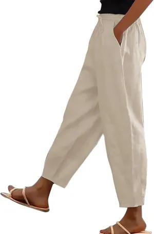 Womens Plus Size Linen Pants Summer High Waisted Wide Leg Pants Lightweight Baggy Boho Beach Lounge Trousers Pockets