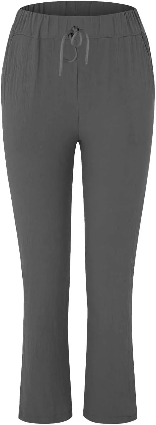 Womens Roll Up Straight Leg Linen Pants Casual Drawstring Elastic Waist Loose Slacks Lounge Petite Pants with Pockets