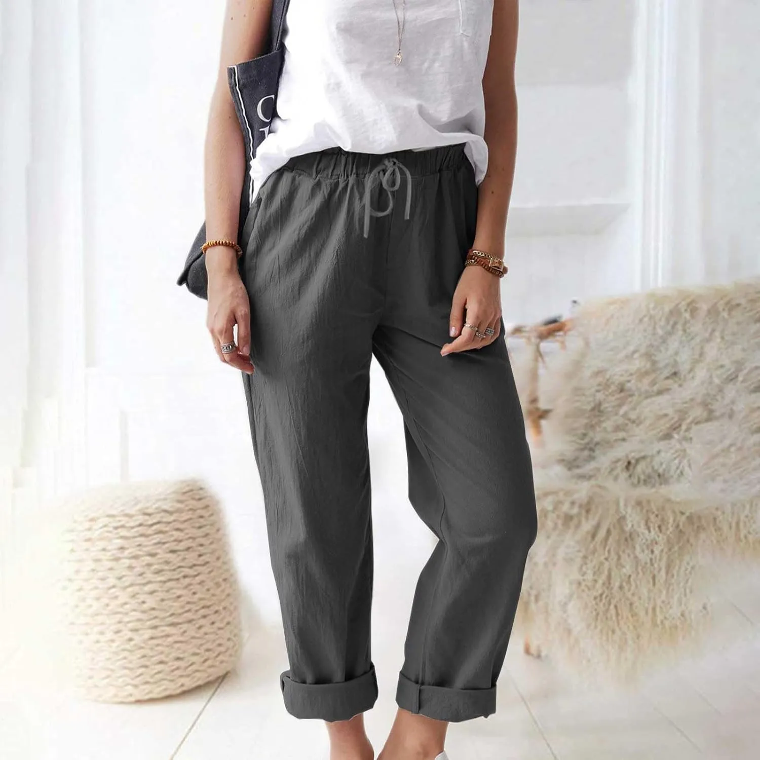 Womens Roll Up Straight Leg Linen Pants Casual Drawstring Elastic Waist Loose Slacks Lounge Petite Pants with Pockets
