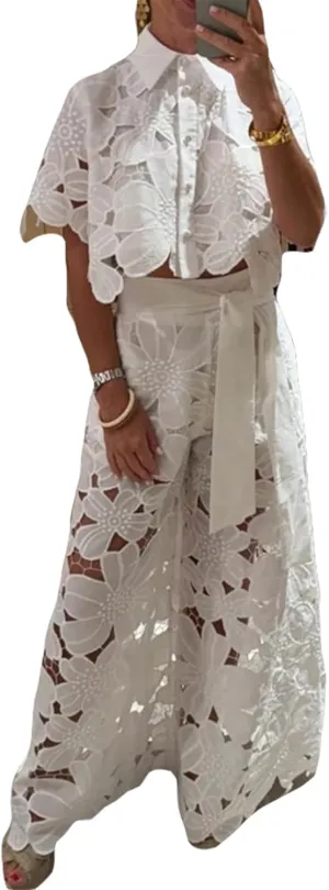 Women's Sexy 2 PCS Button Lace Flowers Shirts Tops Bodycon Wide Leg Pants Cocktail Party Outfits Tracksuit Set