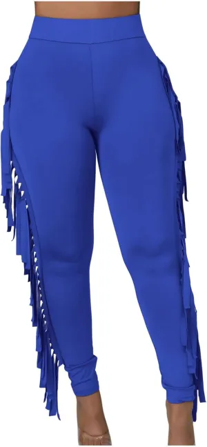 Womens Sexy Curvy Pants Fringed High Waist Skinny Slim Fit Trousers Tight Pants Trendy Casual Solid Long Trousers