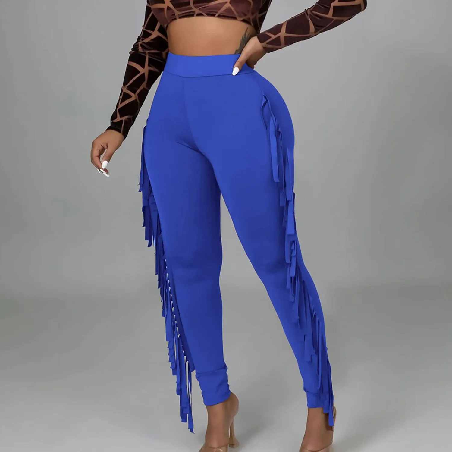 Womens Sexy Curvy Pants Fringed High Waist Skinny Slim Fit Trousers Tight Pants Trendy Casual Solid Long Trousers