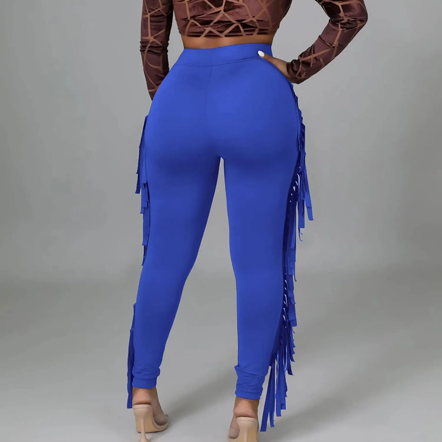 Womens Sexy Curvy Pants Fringed High Waist Skinny Slim Fit Trousers Tight Pants Trendy Casual Solid Long Trousers