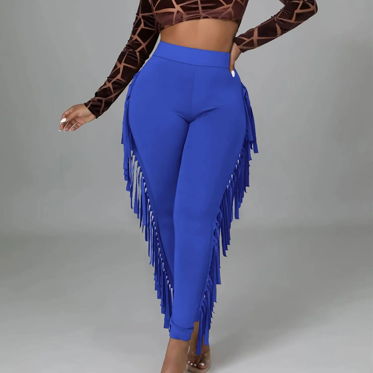 Womens Sexy Curvy Pants Fringed High Waist Skinny Slim Fit Trousers Tight Pants Trendy Casual Solid Long Trousers