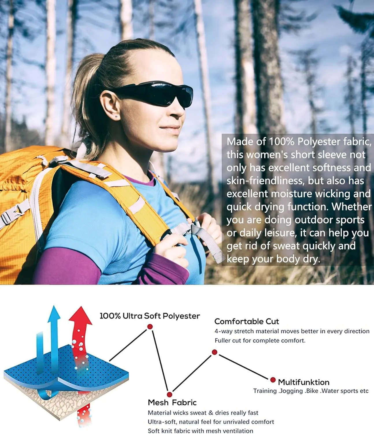 Women's Short Sleeve Shirts Quick Dry T-Shrit UV Sun Protection Outdoor Running Hiking Workout Tops