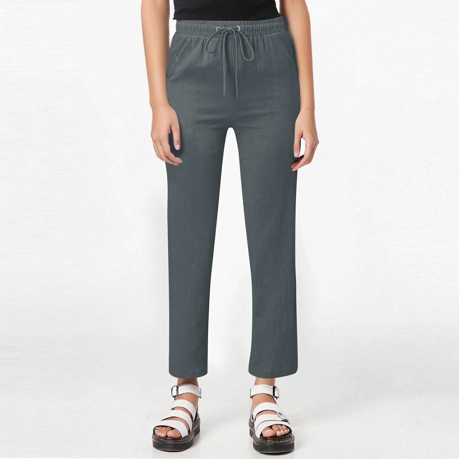 Women's Solid Color Cotton & Linen Drawstring Loose Casual Wide Leg Long Dressy Fashion Pants (Without Pendant)