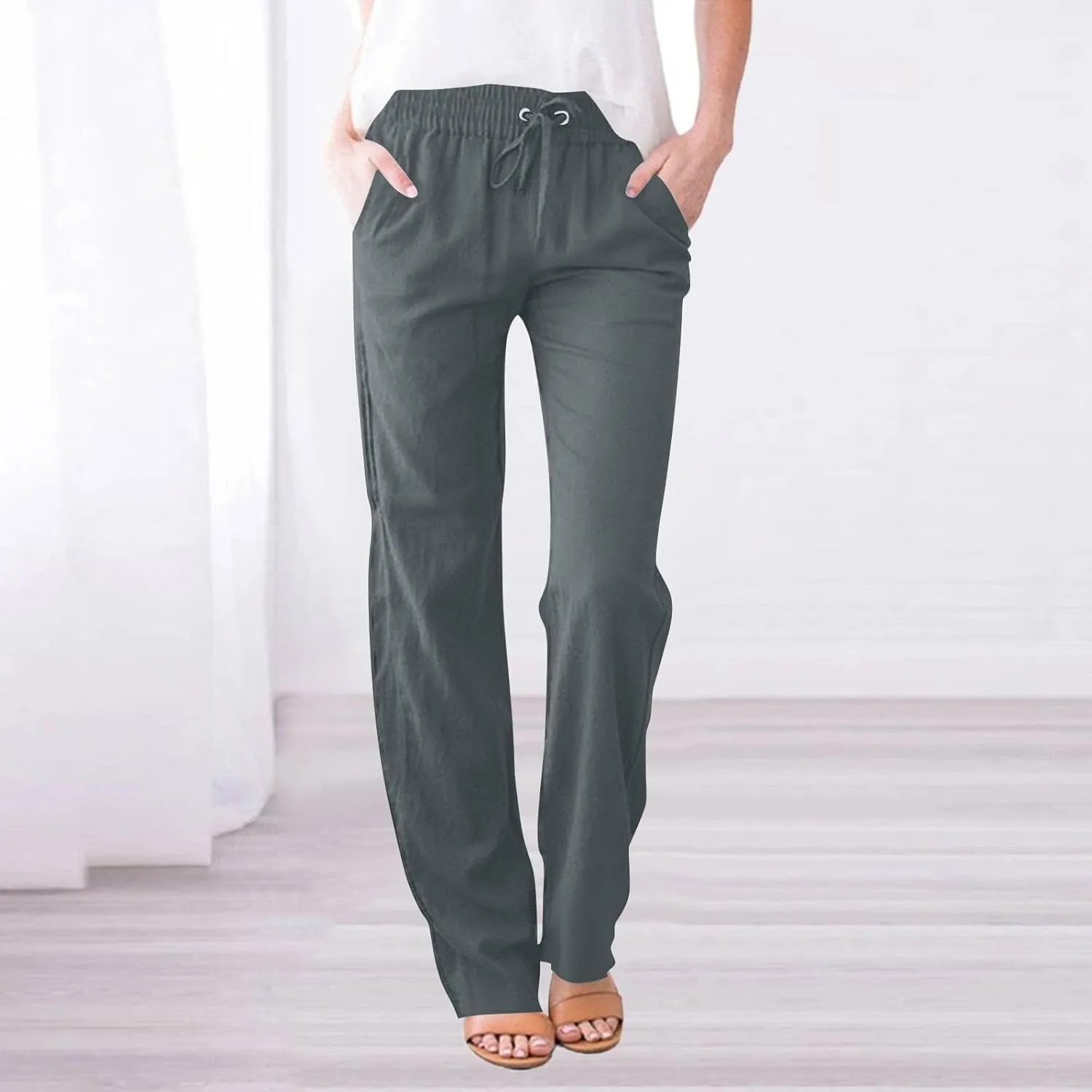 Women's Solid Color Cotton & Linen Drawstring Loose Casual Wide Leg Long Dressy Fashion Pants (Without Pendant)