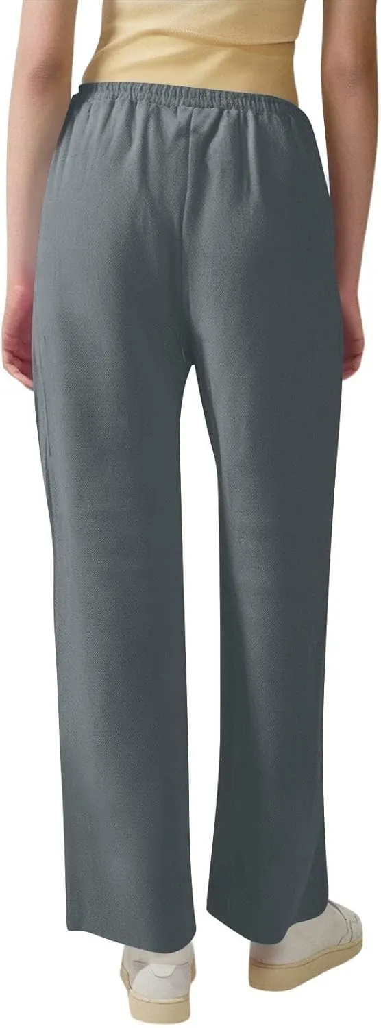 Women's Solid Color Cotton & Linen Drawstring Loose Casual Wide Leg Long Dressy Fashion Pants (Without Pendant)