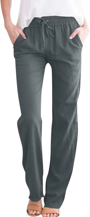 Women's Solid Color Cotton & Linen Drawstring Loose Casual Wide Leg Long Dressy Fashion Pants (Without Pendant)