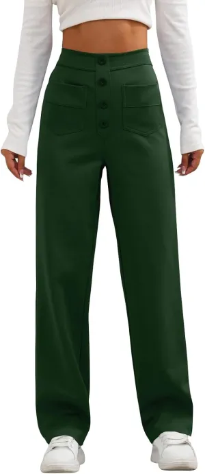 Women's Straight Leg Dress Pants Fahion 2024 High Waisted Button Down Stretchy Business Work Trousers with Pockets