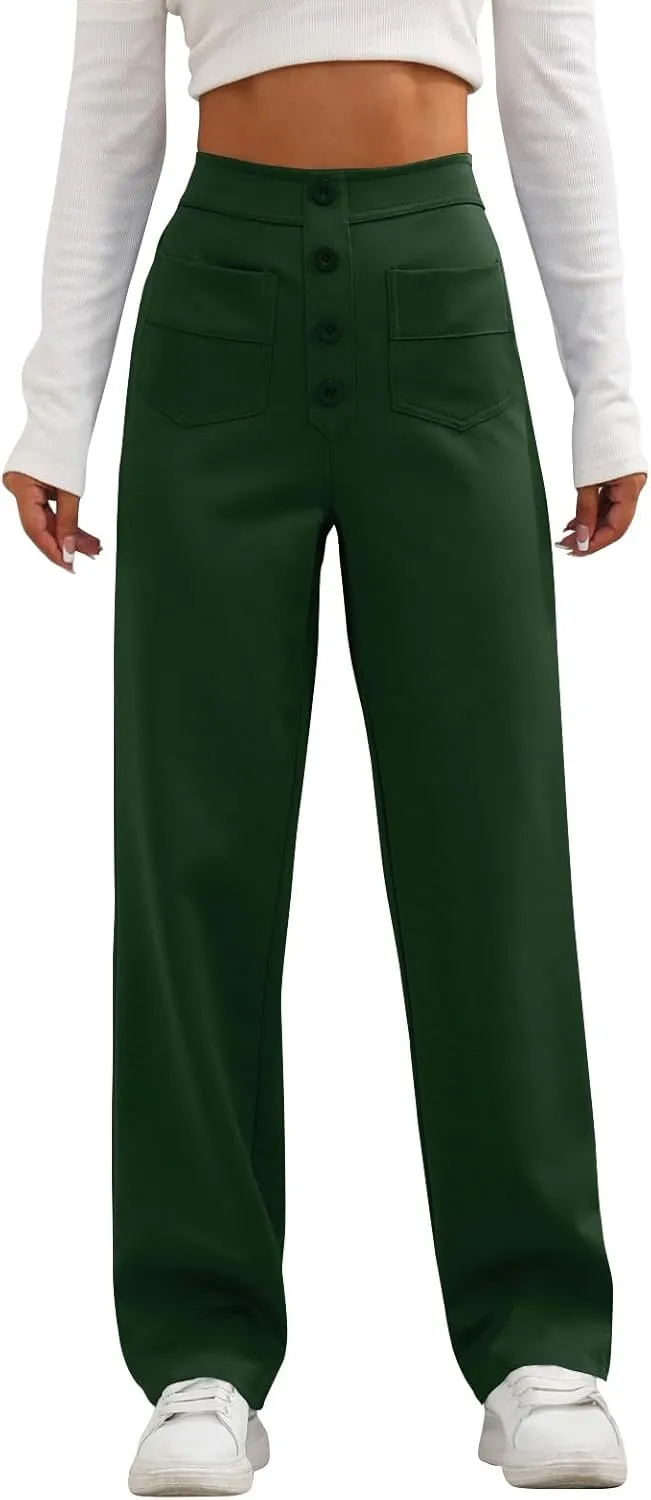 Women's Straight Leg Dress Pants Fahion 2024 High Waisted Button Down Stretchy Business Work Trousers with Pockets