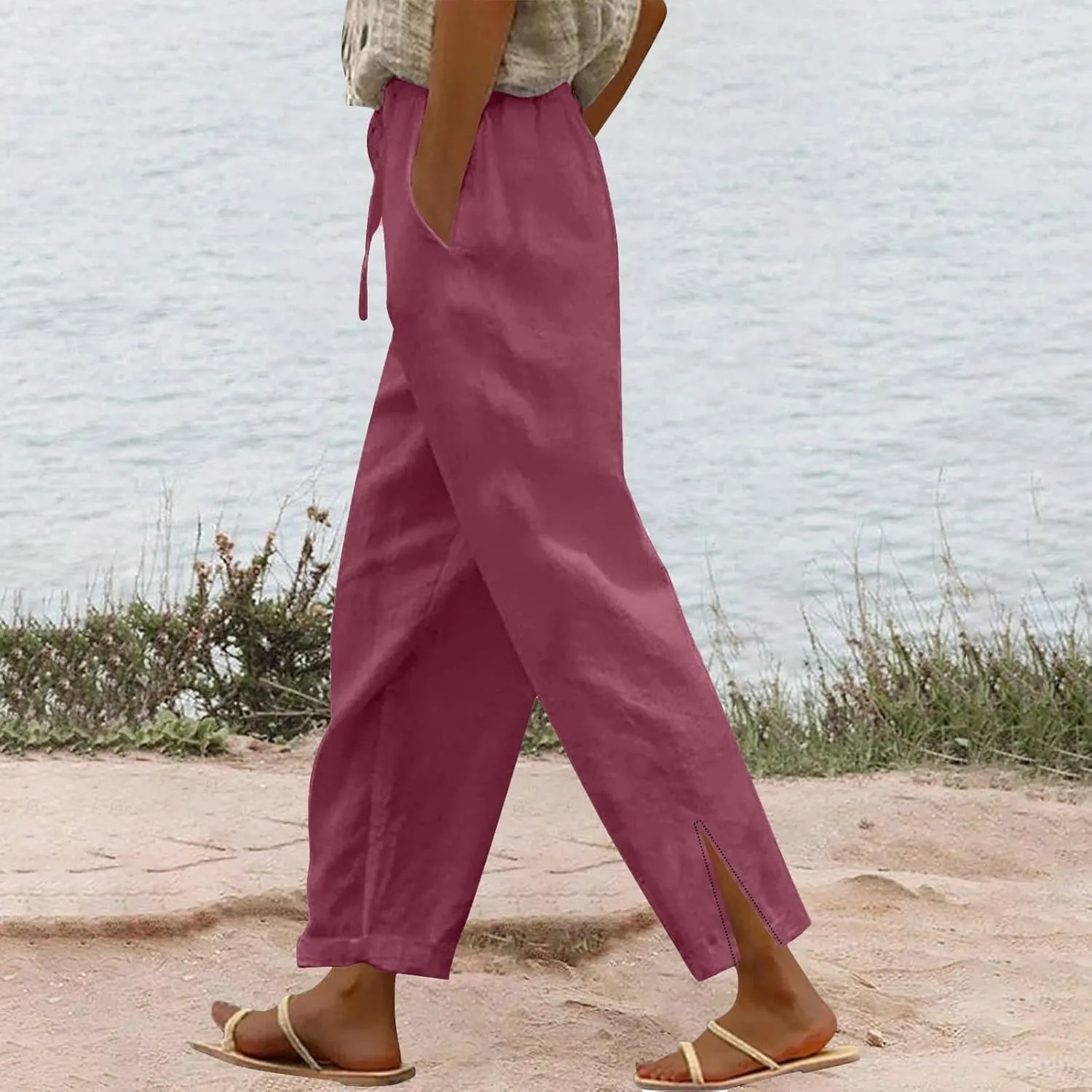 Womens Striped Linen Pants Lightweight Capri Summer Casual Beach Drawstring Elastic Waist Trousers with Pockets