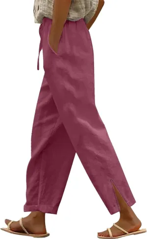 Womens Striped Linen Pants Lightweight Capri Summer Casual Beach Drawstring Elastic Waist Trousers with Pockets