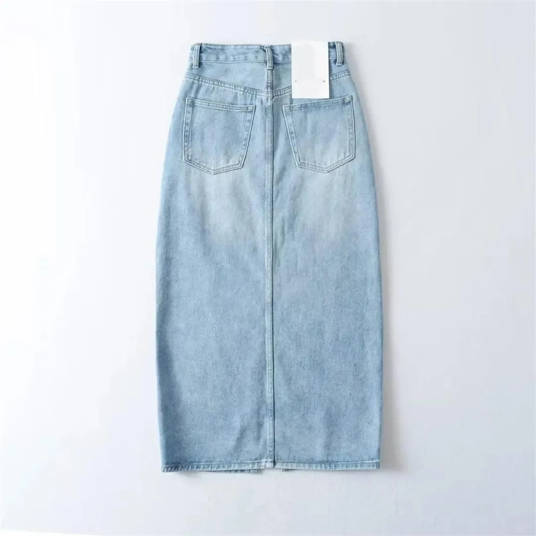 Women's Style High-Waisted Slimming Denim with Side Slit Vintage Skirt