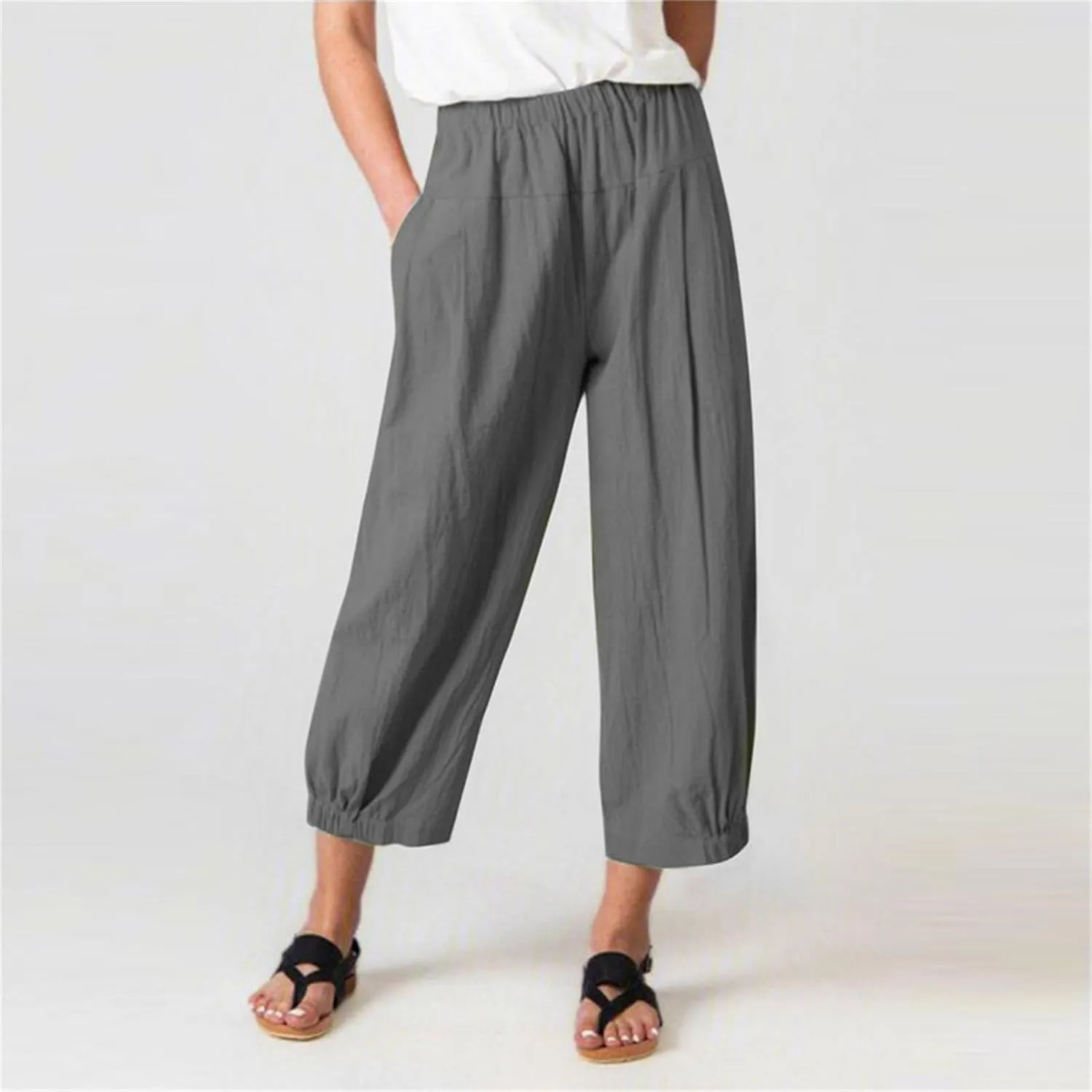 Womens Summer Capri Pants Lightweight Casual Cotton Linen Pants Elastic High Waist Wide Leg Cropped Trousers Pockets