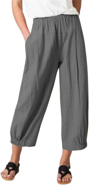 Womens Summer Capri Pants Lightweight Casual Cotton Linen Pants Elastic High Waist Wide Leg Cropped Trousers Pockets