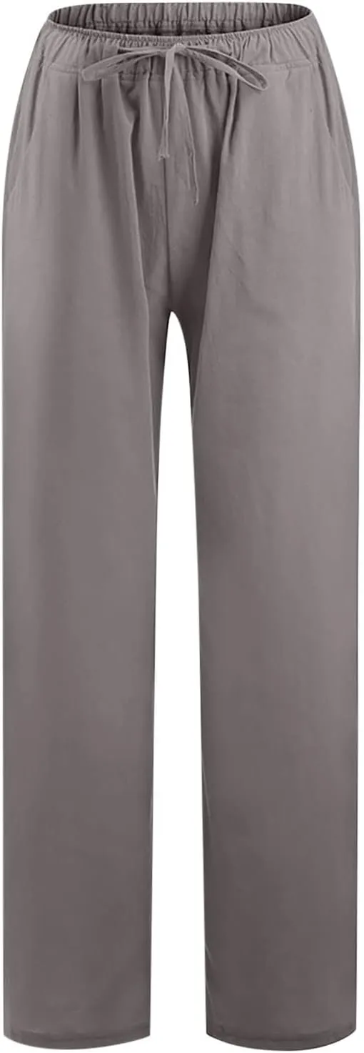 Womens Summer Cotton Linen Pants High Waist Drawstring Wide Leg Palazzo Pant 2025 Lightweight Comfy Lounge Trousers