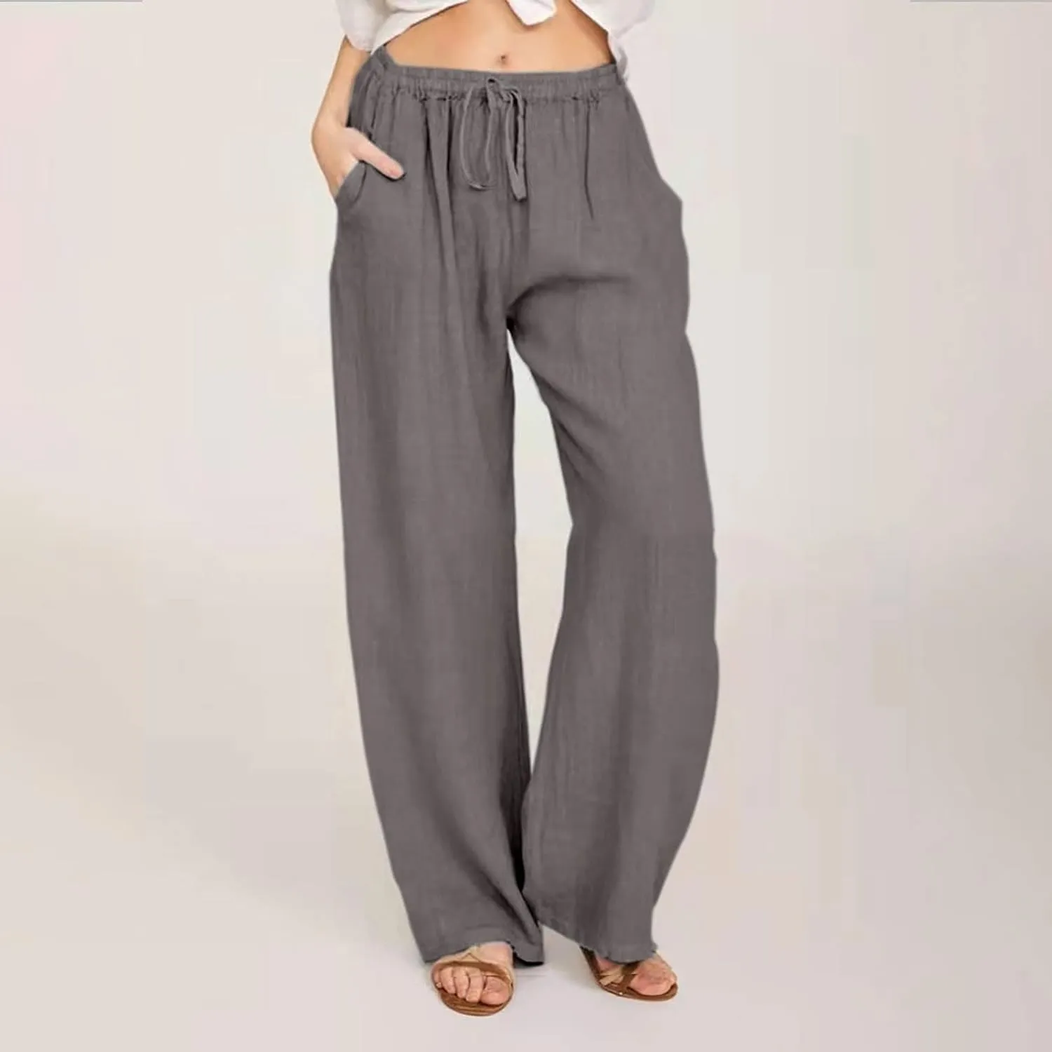 Womens Summer Cotton Linen Pants High Waist Drawstring Wide Leg Palazzo Pant 2025 Lightweight Comfy Lounge Trousers