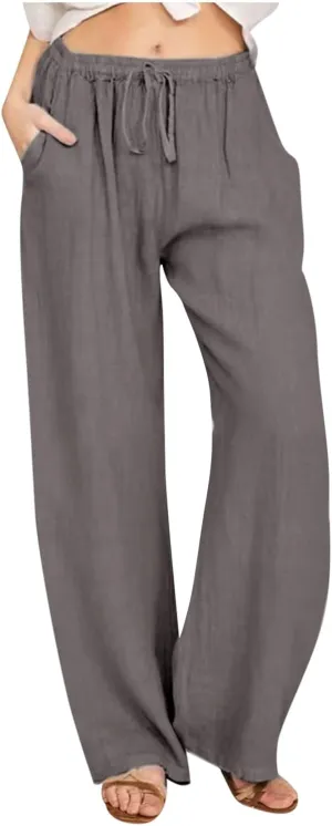 Womens Summer Cotton Linen Pants High Waist Drawstring Wide Leg Palazzo Pant 2025 Lightweight Comfy Lounge Trousers