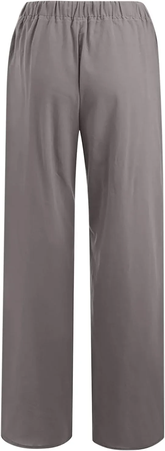 Womens Summer Cotton Linen Pants High Waist Drawstring Wide Leg Palazzo Pant 2025 Lightweight Comfy Lounge Trousers