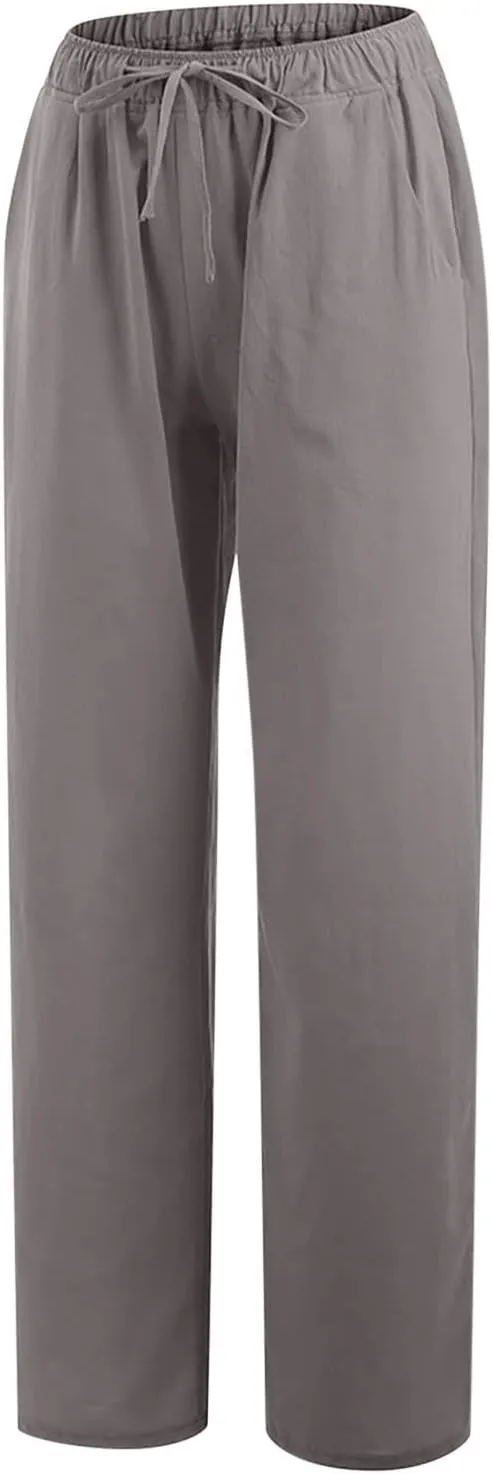 Womens Summer Cotton Linen Pants High Waist Drawstring Wide Leg Palazzo Pant 2025 Lightweight Comfy Lounge Trousers
