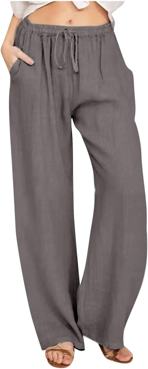 Womens Summer Cotton Linen Pants High Waist Drawstring Wide Leg Palazzo Pant 2025 Lightweight Comfy Lounge Trousers