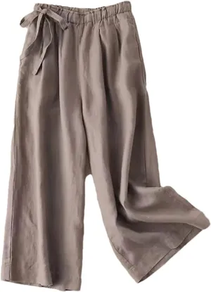 Women's Summer Elastic Waist Cotton Linen Pants  Casual Straight Leg Ankle-Length Trousers for Women