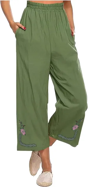 Womens Summer Linen Pants Pleated Boho High Waist Pant Floral Print Wide Leg Pants Palazzo Flowy Beach Pant Loose Fit