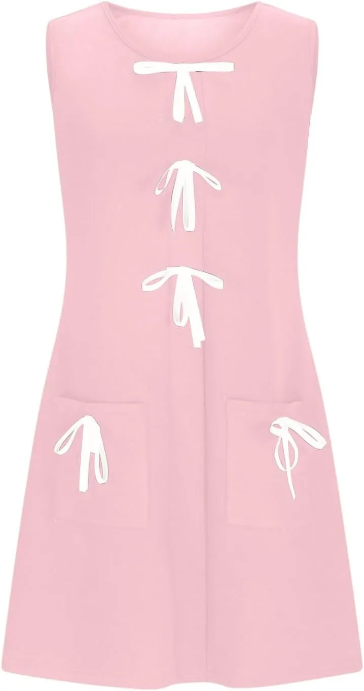 Women's Summer Sleeveless Mini Dress Casual Bow Crewneck Loose Fit A Line Tank Dresses Beach Sundress with Pockets