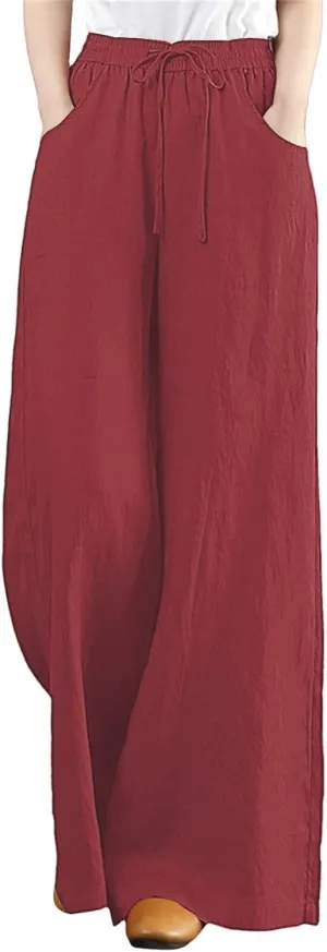 Womens Summer Wide Leg Pants High Waist Flowy Elastic Waist Lacing Plus Size Linen Palazzo Trousers Beach Vacation Yoga Pants