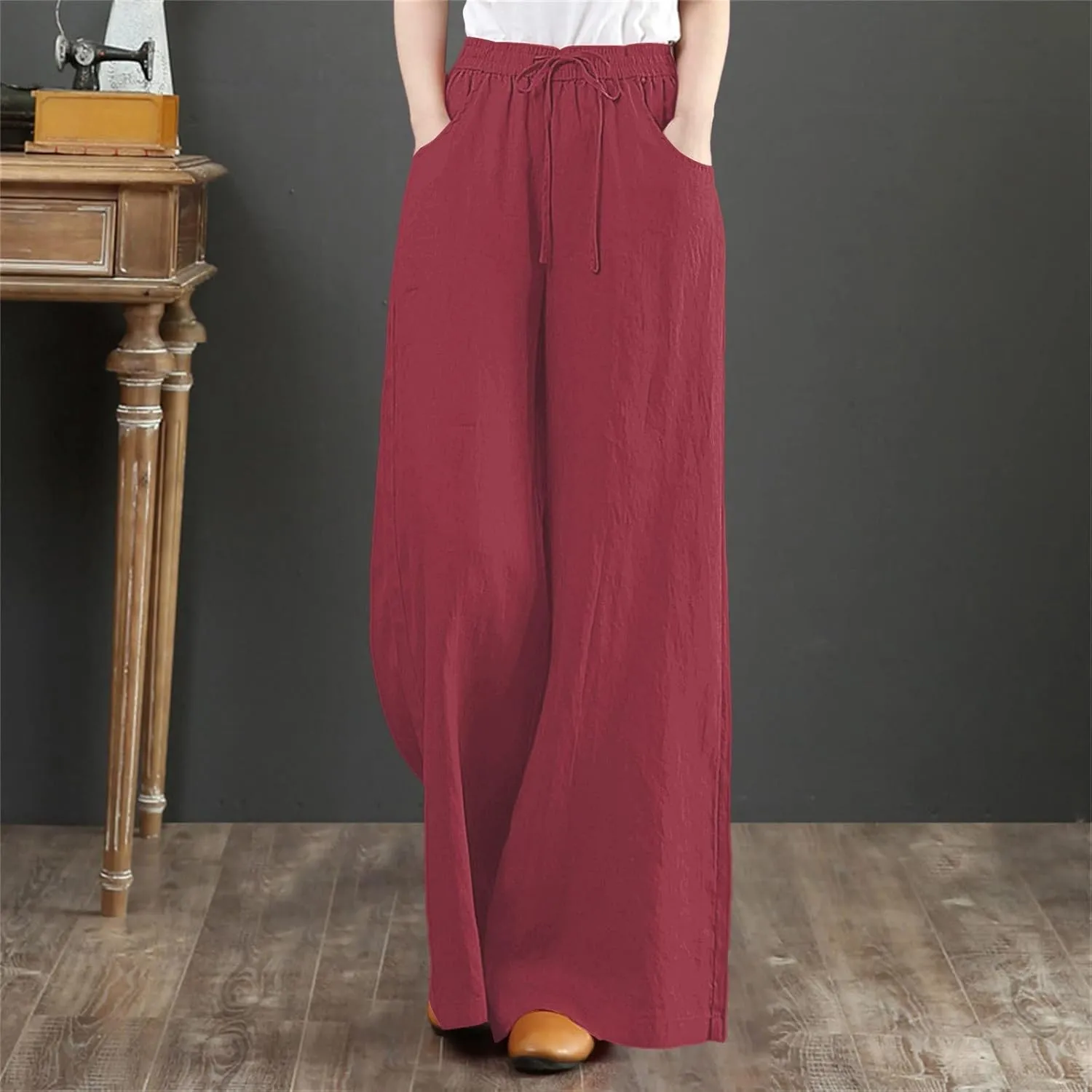 Womens Summer Wide Leg Pants High Waist Flowy Elastic Waist Lacing Plus Size Linen Palazzo Trousers Beach Vacation Yoga Pants