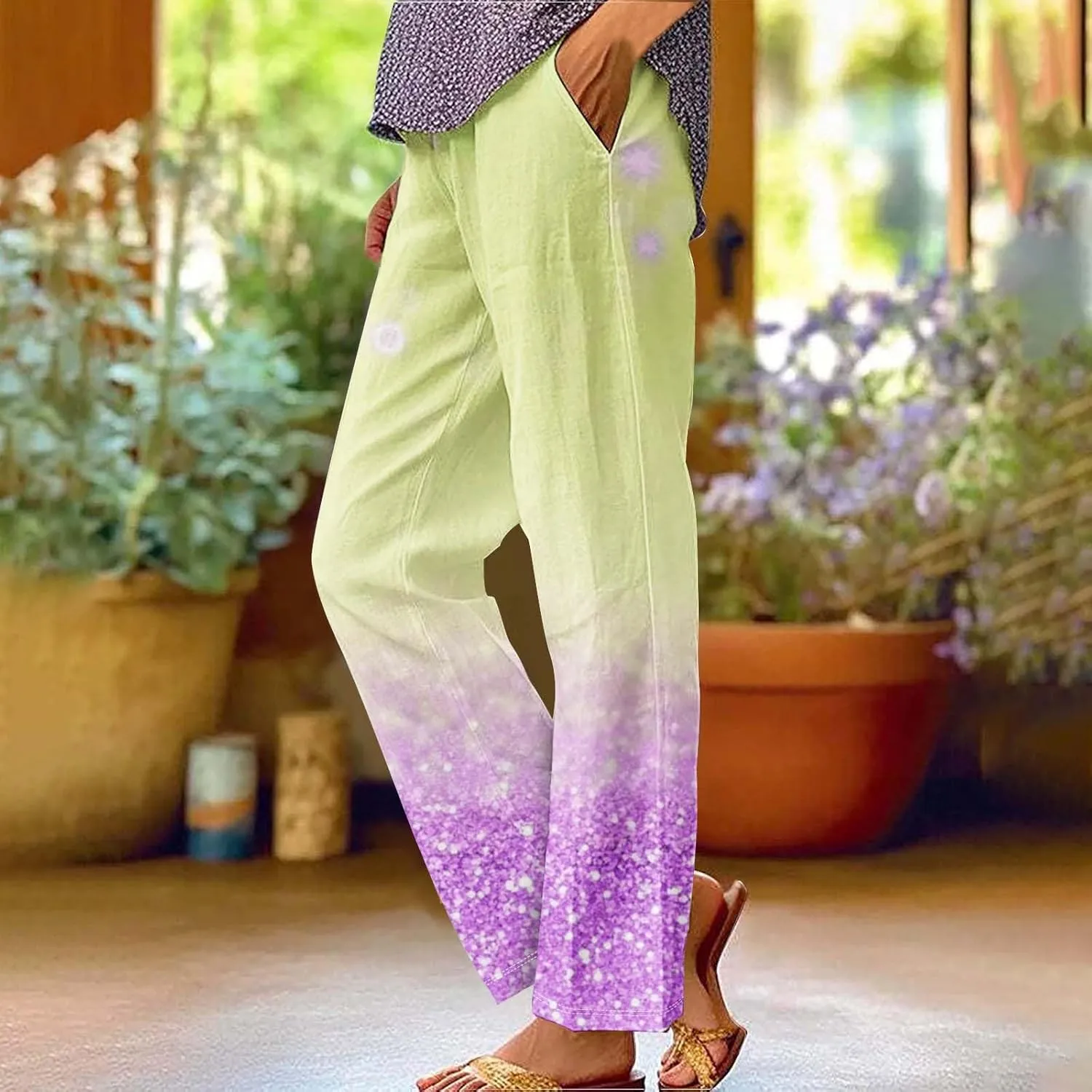 Womens Trendy Printed Linen Pants Summer High Elastic Waisted Long Pants Casual Straight Leg Trousers with Pockets