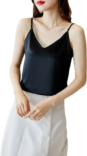 Women's V-Neck Pearls Decoration Sexy Short Camisole Satin Slim Backless Solid Color Sleeveless Shirts