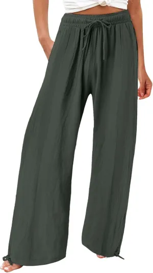 Womens Wide Leg Linen Pants Summer Casual Boho Beach Palazzo Pants Smocked High Waisted Lightweight Flowy Pants