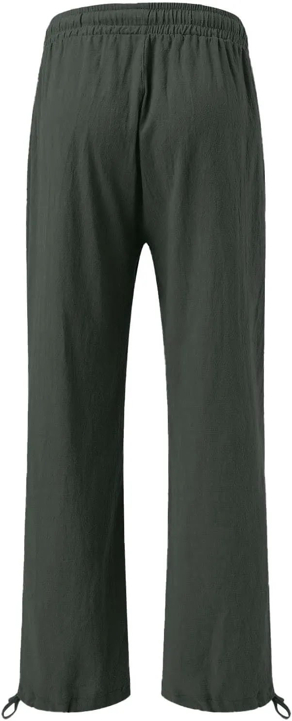 Womens Wide Leg Linen Pants Summer Casual Boho Beach Palazzo Pants Smocked High Waisted Lightweight Flowy Pants