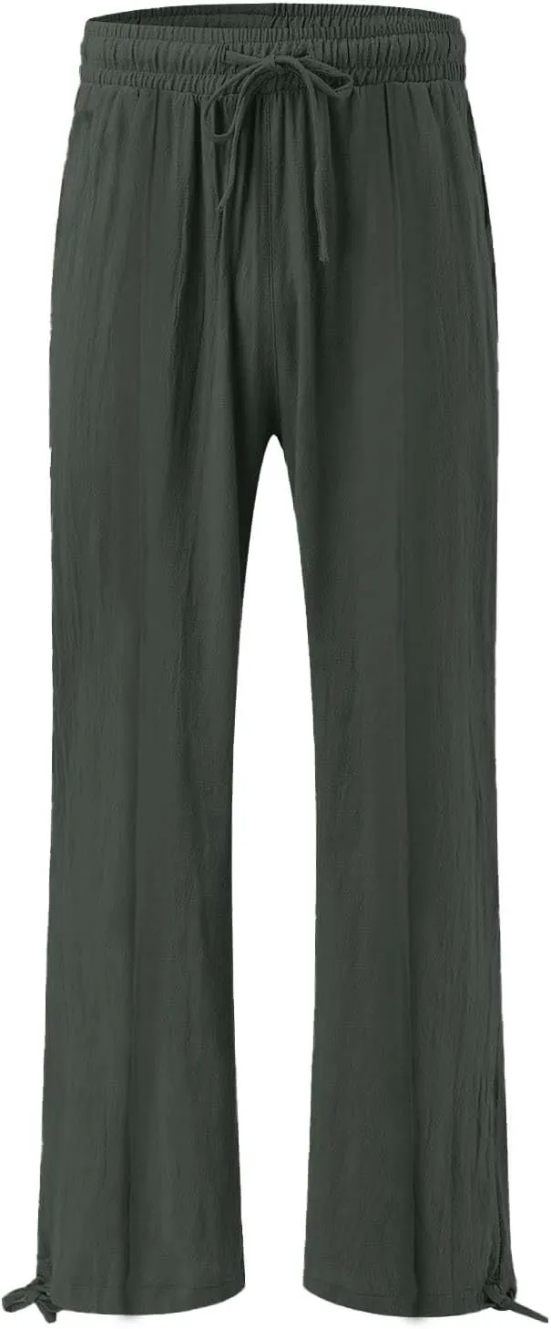 Womens Wide Leg Linen Pants Summer Casual Boho Beach Palazzo Pants Smocked High Waisted Lightweight Flowy Pants