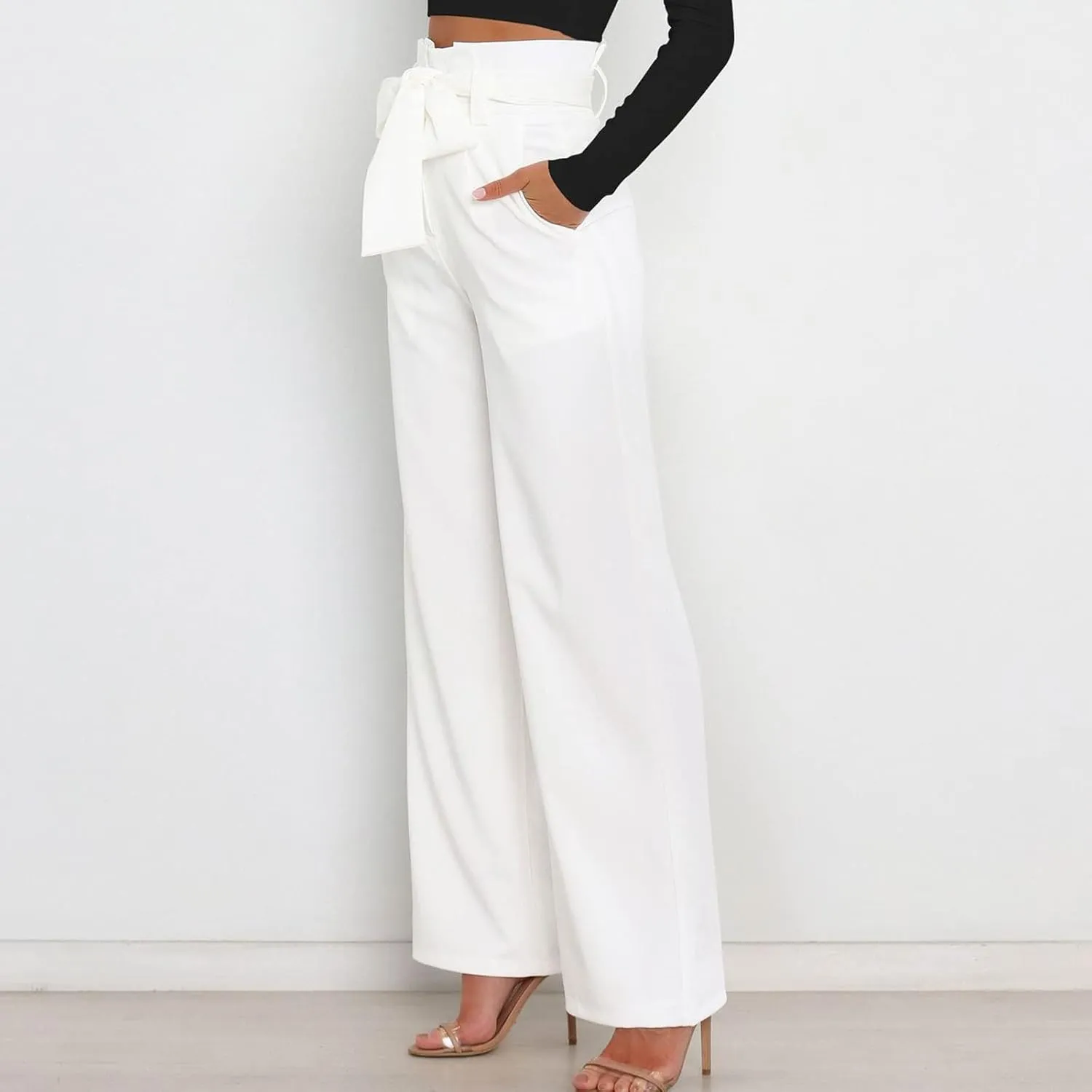 Women's Wide Leg Pants High Elastic Waisted in The Back Business Work Trousers Long Straight Suit Pants