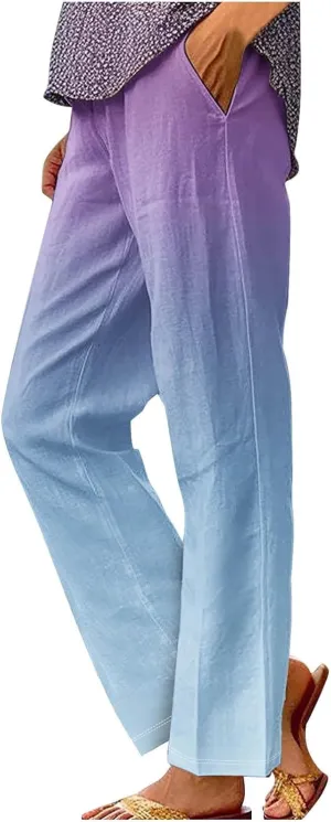 Womens Wide Leg Pants Loose Pocket Casual Cotton and Linen Pants High Waist Adjustable Knot Loose Casual Trousers