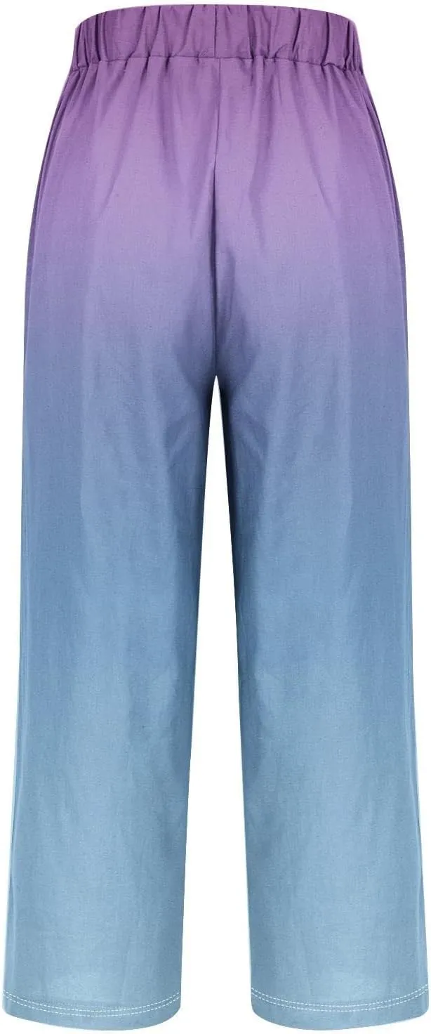 Womens Wide Leg Pants Loose Pocket Casual Cotton and Linen Pants High Waist Adjustable Knot Loose Casual Trousers