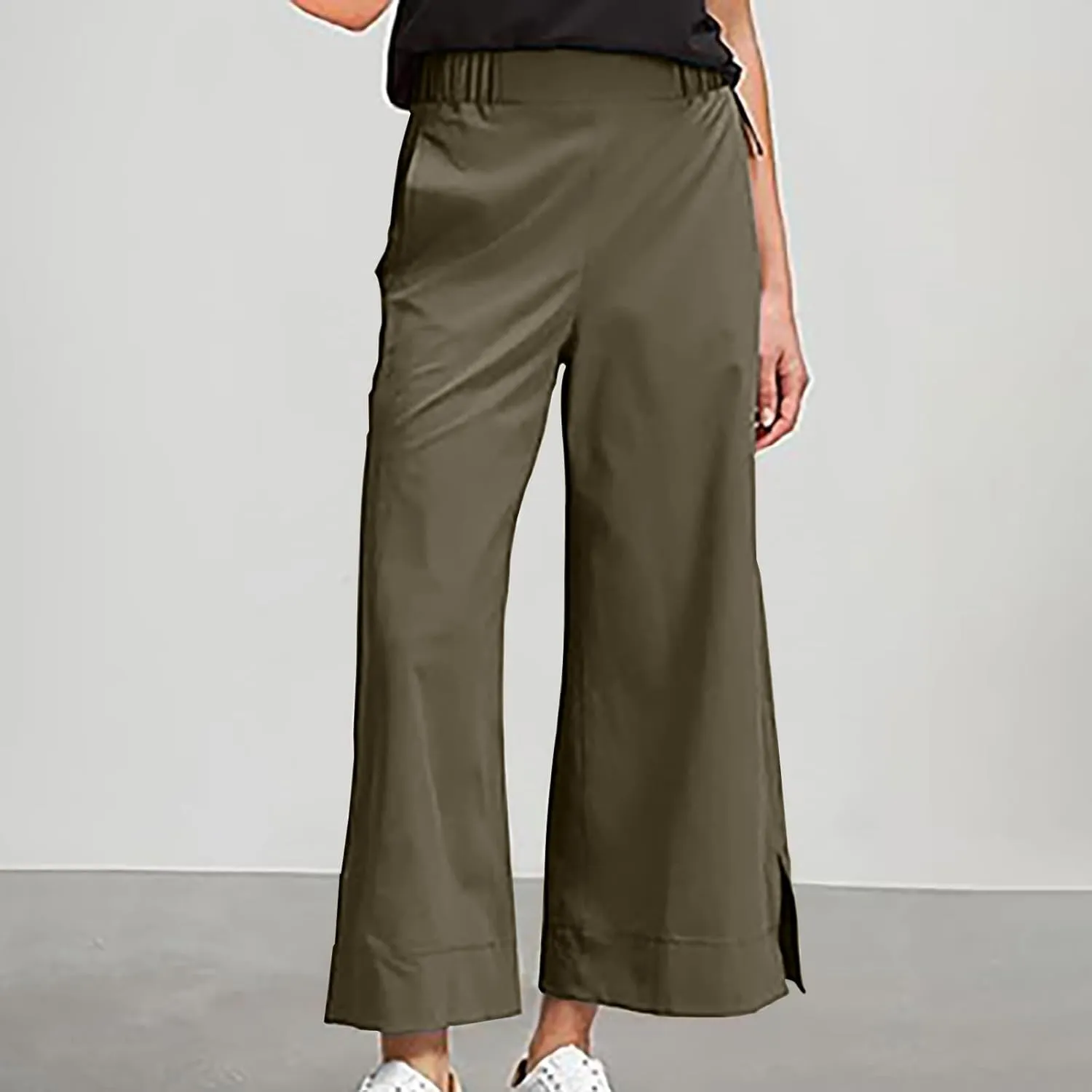 Women's Wide Leg Pants with Pockets High Waist Casual Linen Pants Plus Size Summer Comfy Pull on Straight Leg Trousers