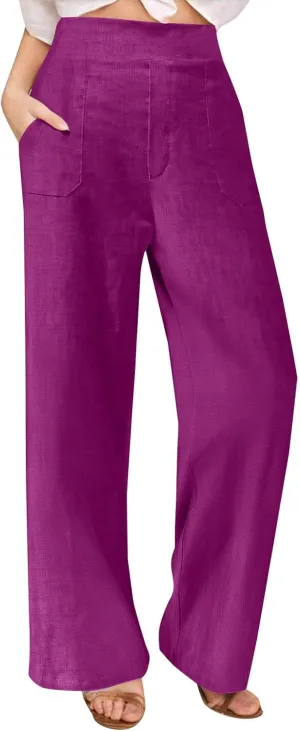 Women's Wide Leg Pants with Pockets Summer High Waisted Loose Linen Pants Plus Size Trendy Flowy Palazzo Trousers