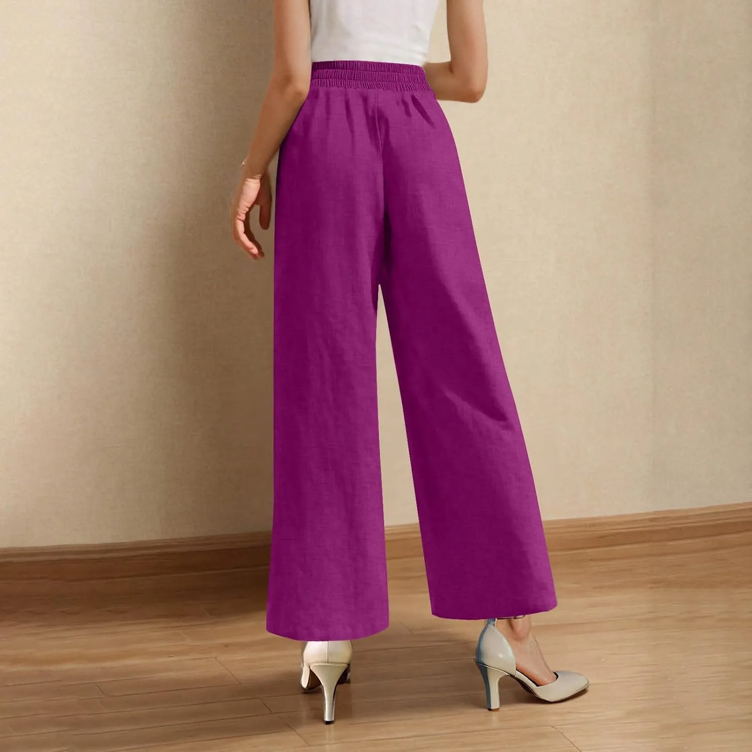 Women's Wide Leg Pants with Pockets Summer High Waisted Loose Linen Pants Plus Size Trendy Flowy Palazzo Trousers