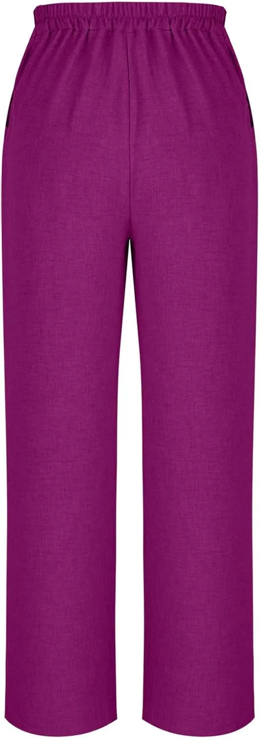 Women's Wide Leg Pants with Pockets Summer High Waisted Loose Linen Pants Plus Size Trendy Flowy Palazzo Trousers