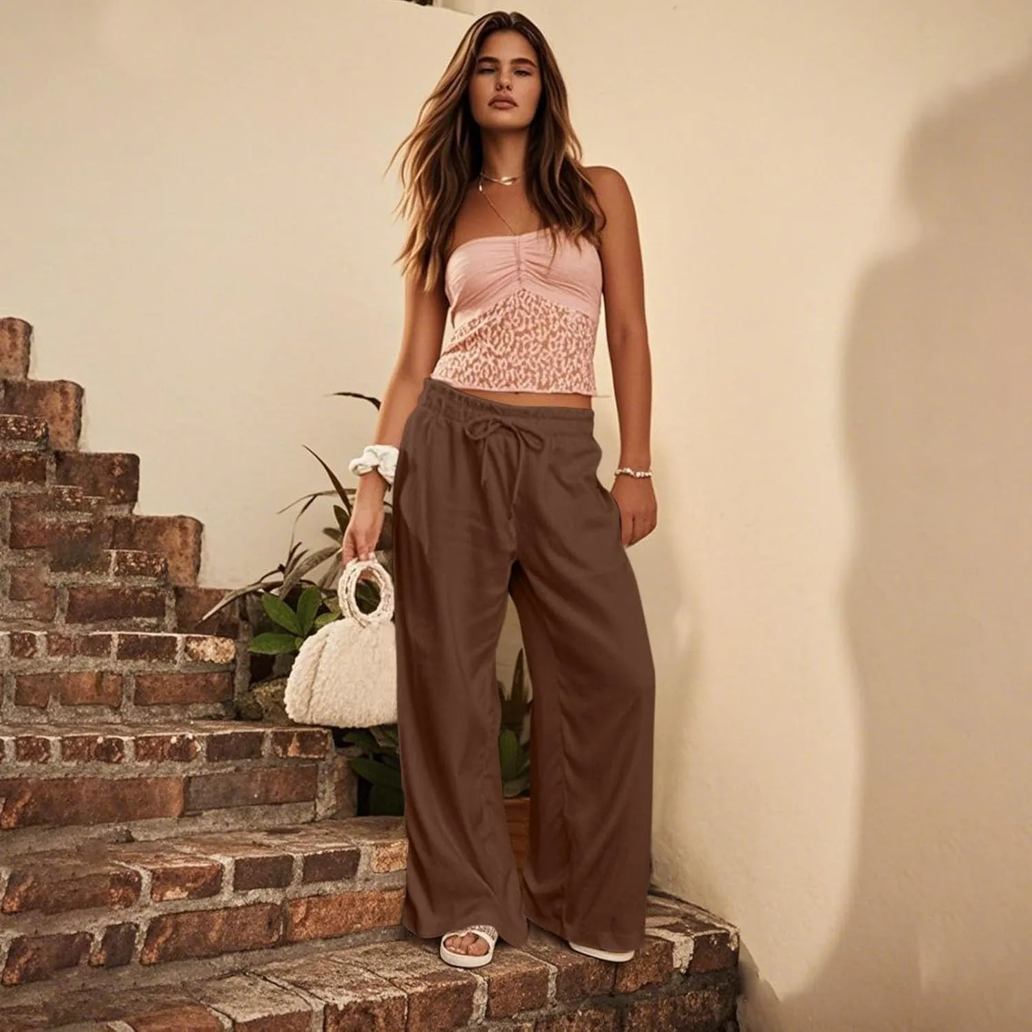 Work Pants Women High Waisted Summer Drawstring Linen Pants Comfy Straight Leg Baggy Beach Trousers with Pockets