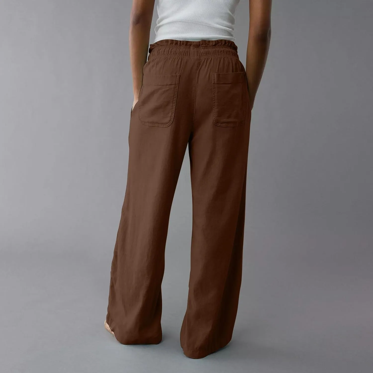 Work Pants Women High Waisted Summer Drawstring Linen Pants Comfy Straight Leg Baggy Beach Trousers with Pockets