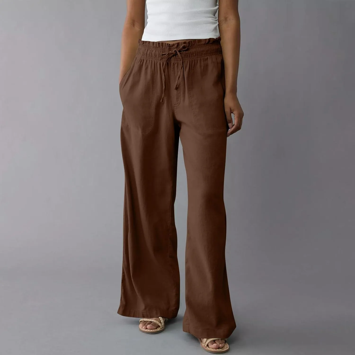Work Pants Women High Waisted Summer Drawstring Linen Pants Comfy Straight Leg Baggy Beach Trousers with Pockets