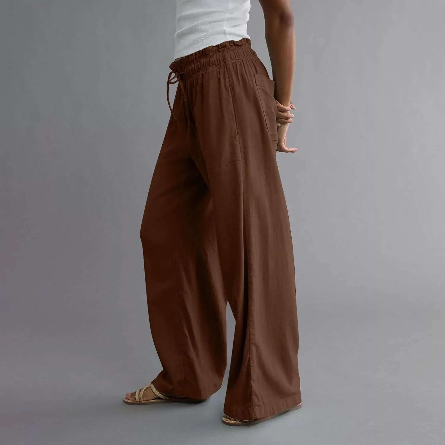 Work Pants Women High Waisted Summer Drawstring Linen Pants Comfy Straight Leg Baggy Beach Trousers with Pockets